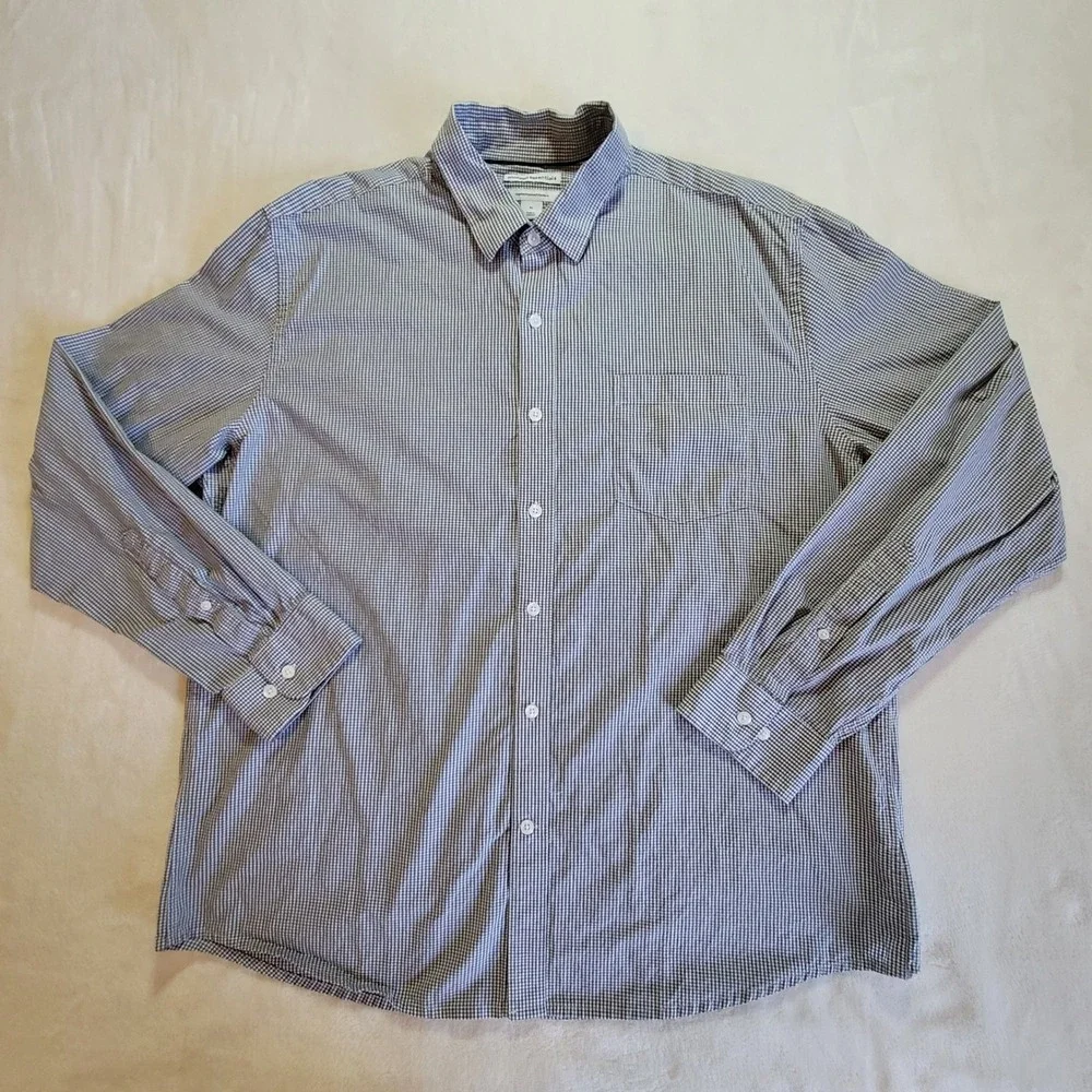 Amazon Essentials Button Down Shirt Mens XL Grey Gingham Regular Fit Cotton LS